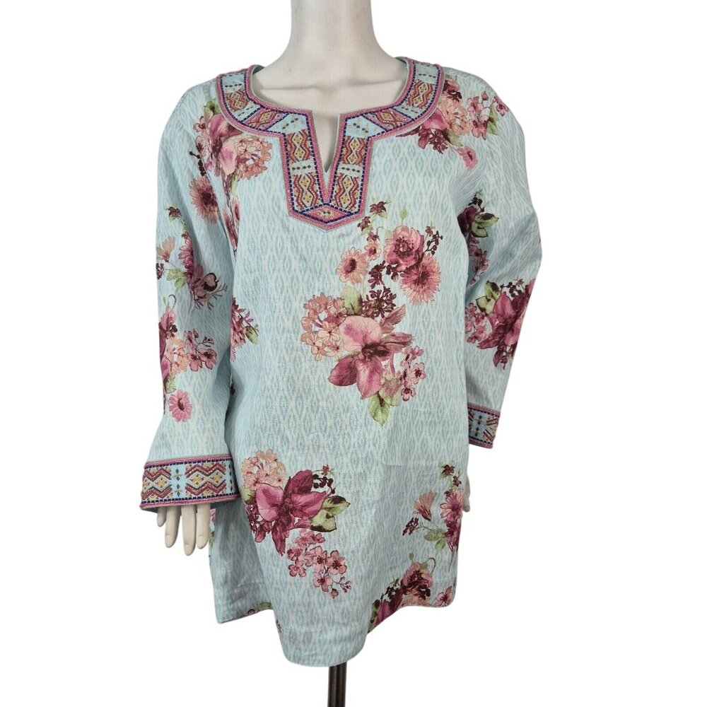 John Mark Women's Floral Print Embroidered and Beaded  Tunic Size 1X Blue NWT (7 - Picture 2 of 12